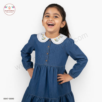 Girls Blue Denim Full Sleeve Frock with Embroidered Collar | Kids Casual & Party Wear Dress