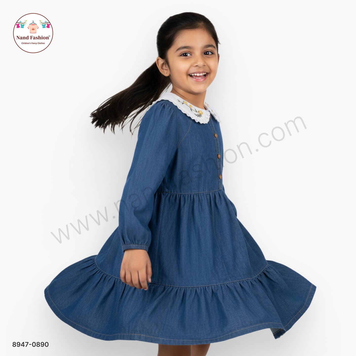 Girls Blue Denim Full Sleeve Frock with Embroidered Collar | Kids Casual & Party Wear Dress