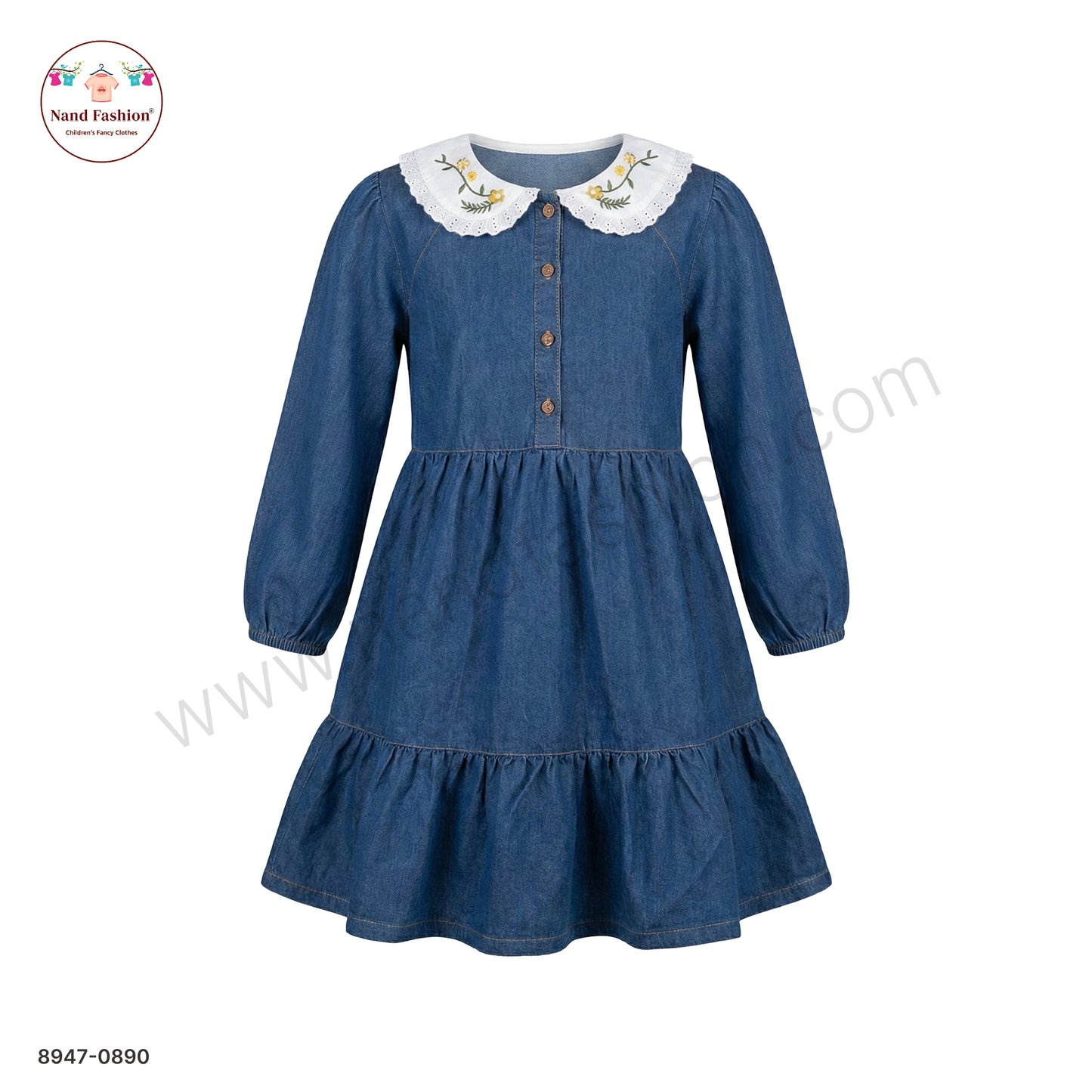 Girls Blue Denim Full Sleeve Frock with Embroidered Collar | Kids Casual & Party Wear Dress