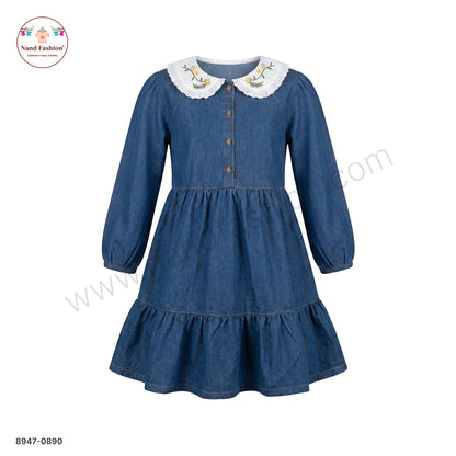 Girls Blue Denim Full Sleeve Frock with Embroidered Collar | Kids Casual & Party Wear Dress