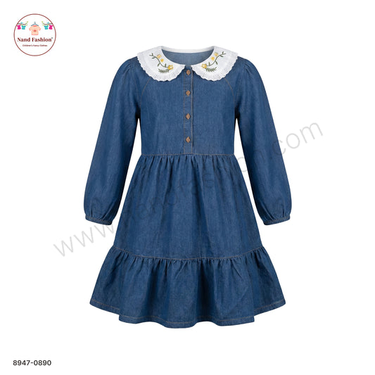 Girls Blue Denim Full Sleeve Frock with Embroidered Collar | Kids Casual & Party Wear Dress