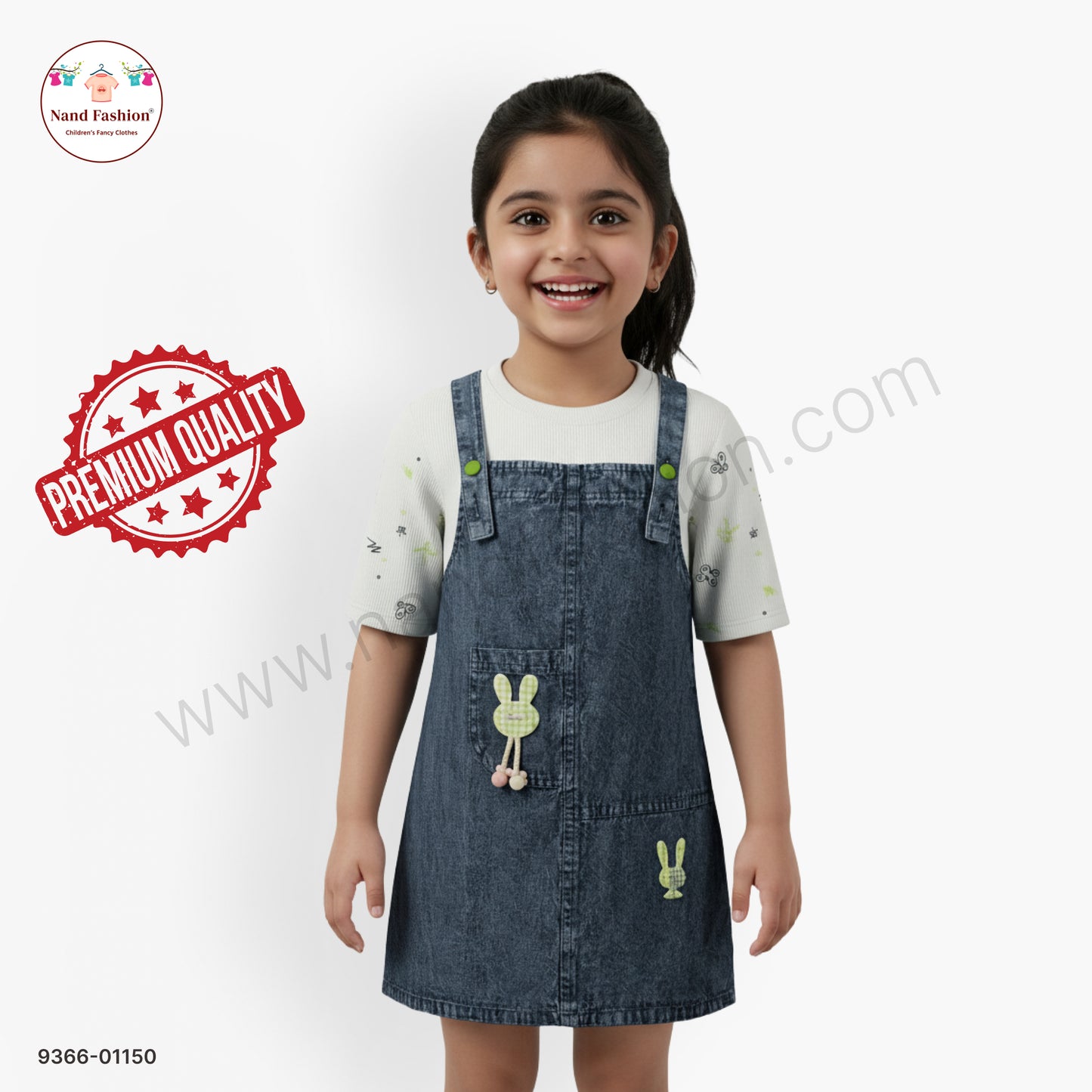 Girls Cute Denim Dungaree Frock with Printed White inner | Kids Casual Denim Dress