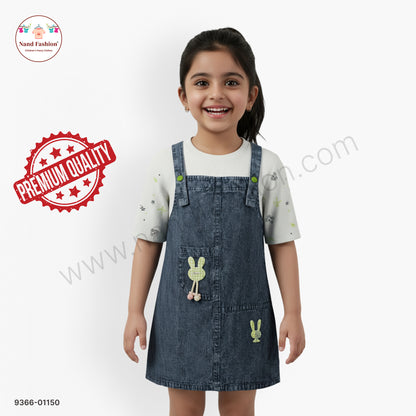 Girls Cute Denim Dungaree Frock with Printed White inner | Kids Casual Denim Dress
