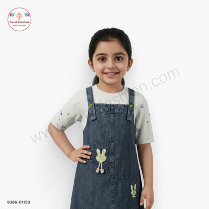 Girls Cute Denim Dungaree Frock with Printed White inner | Kids Casual Denim Dress