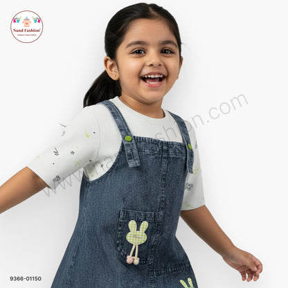 Girls Cute Denim Dungaree Frock with Printed White inner | Kids Casual Denim Dress