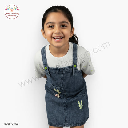 Girls Cute Denim Dungaree Frock with Printed White inner | Kids Casual Denim Dress