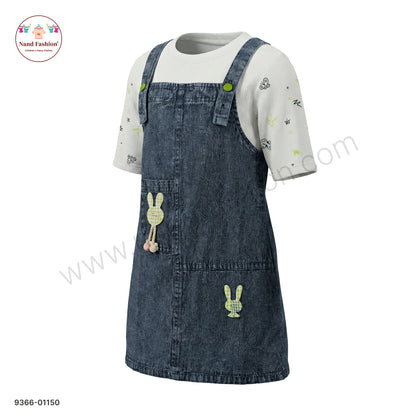 Girls Cute Denim Dungaree Frock with Printed White inner | Kids Casual Denim Dress