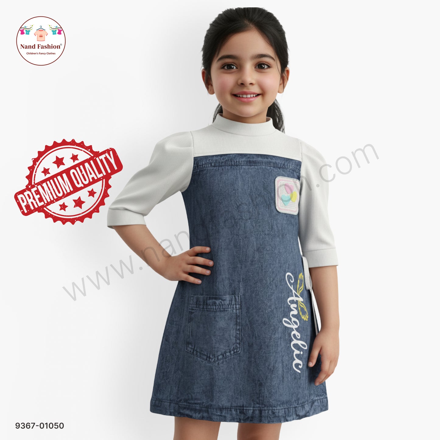 Girls Stylish Denim Frock with Full Sleeves Inner | Kids Casual Denim Dress