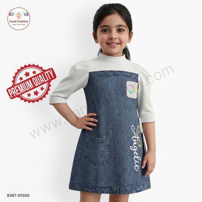 Girls Stylish Denim Frock with Full Sleeves Inner | Kids Casual Denim Dress