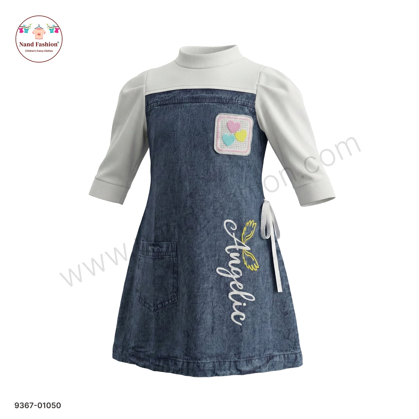 Girls Stylish Denim Frock with Full Sleeves Inner | Kids Casual Denim Dress