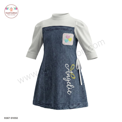 Girls Stylish Denim Frock with Full Sleeves Inner | Kids Casual Denim Dress