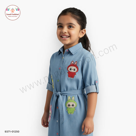 Girls Cute Cartoon Printed Denim Shirt Frock with Belt | Kids Stylish Denim Dress