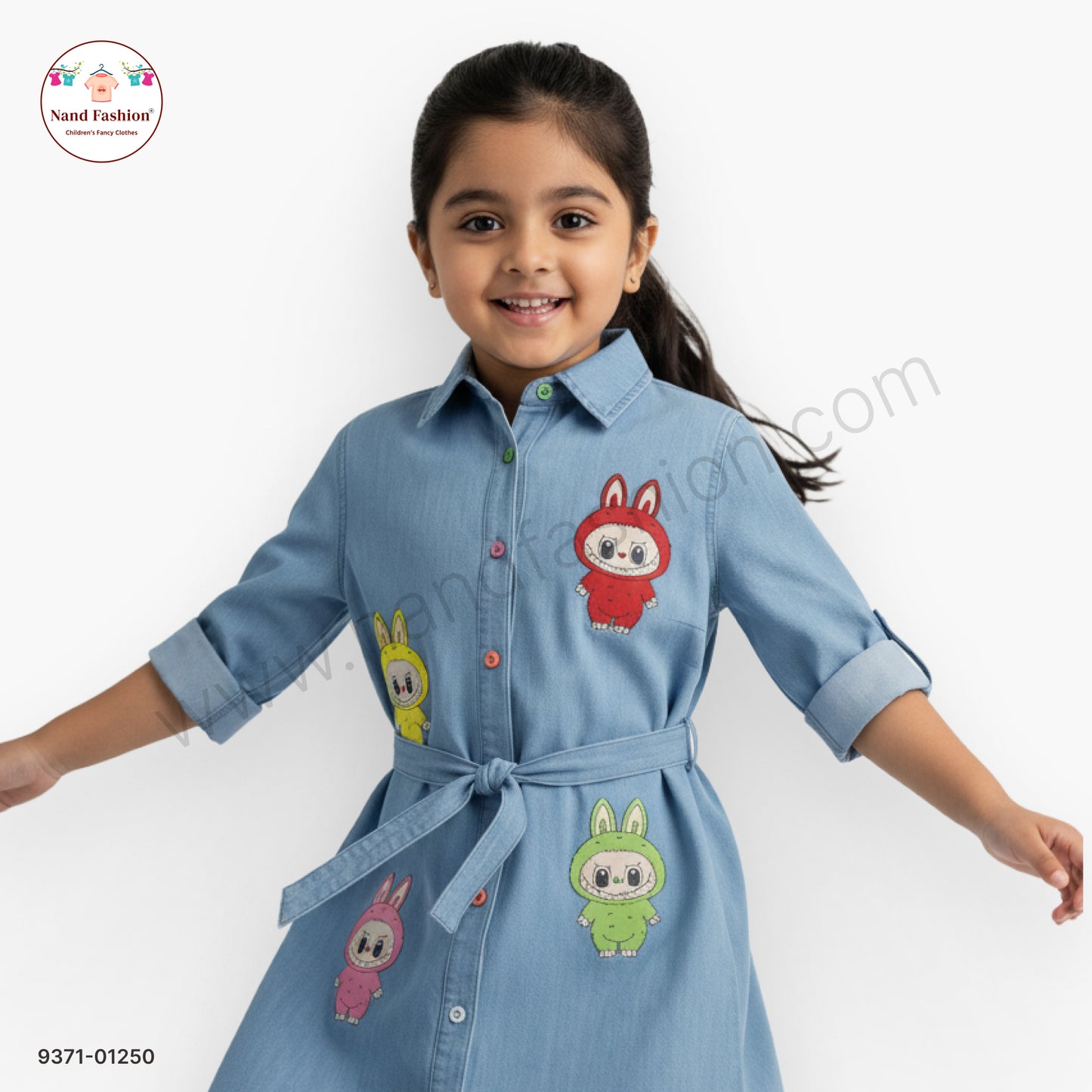 Girls Cute Cartoon Printed Denim Shirt Frock with Belt | Kids Stylish Denim Dress