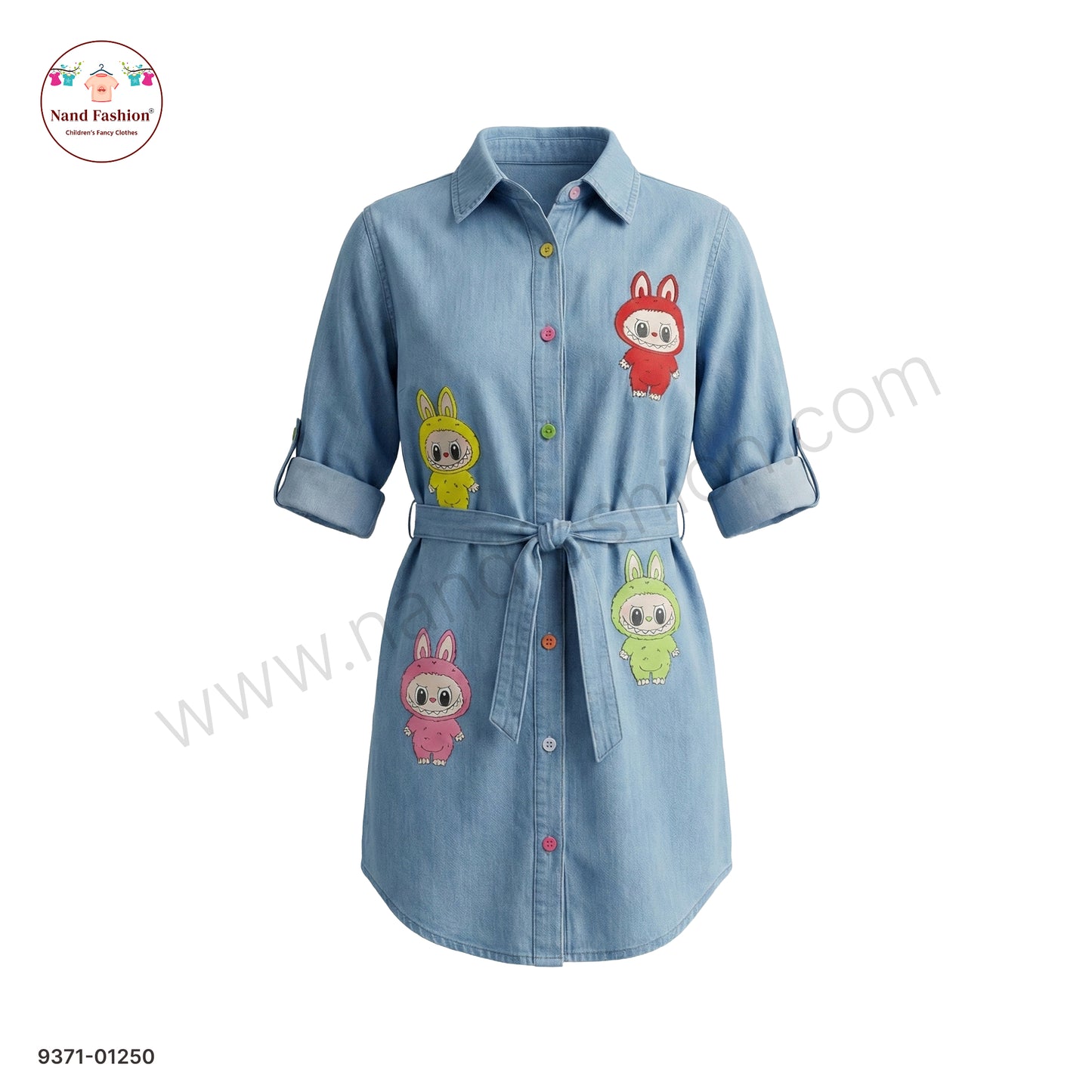 Girls Cute Cartoon Printed Denim Shirt Frock with Belt | Kids Stylish Denim Dress