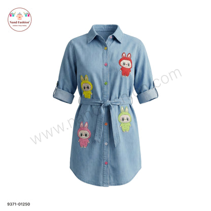 Girls Cute Cartoon Printed Denim Shirt Frock with Belt | Kids Stylish Denim Dress