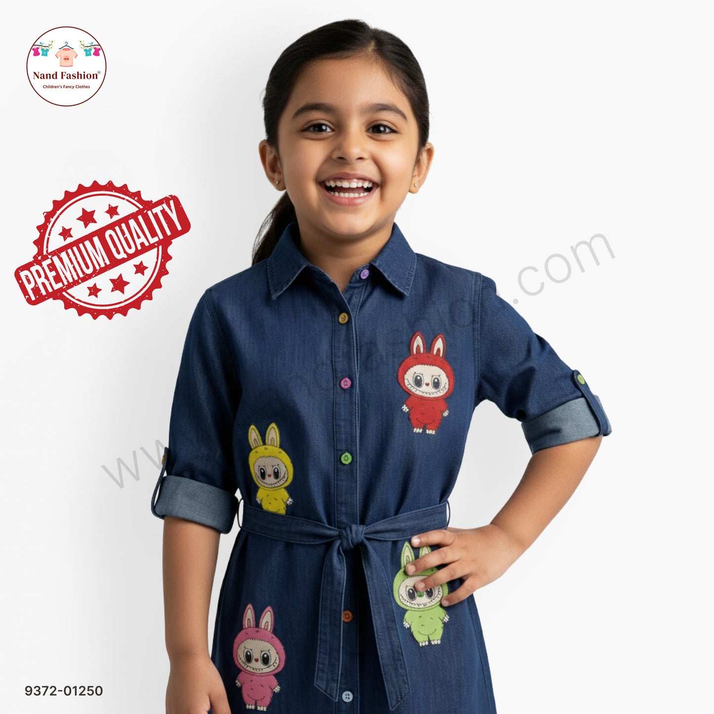 Girls Denim Frock with Cartoon Print | Belted Stylish Kids Dress | Soft & Comfortable