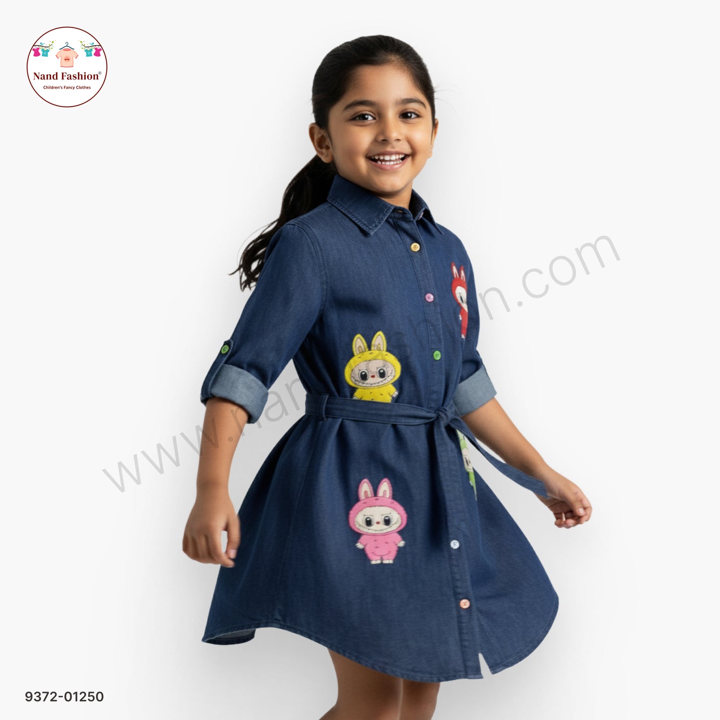 Girls Denim Frock with Cartoon Print | Belted Stylish Kids Dress | Soft & Comfortable