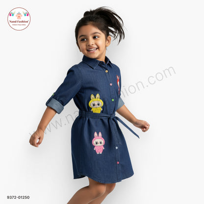 Girls Denim Frock with Cartoon Print | Belted Stylish Kids Dress | Soft & Comfortable