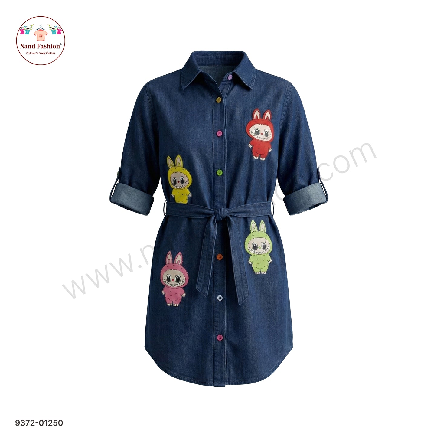 Girls Denim Frock with Cartoon Print | Belted Stylish Kids Dress | Soft & Comfortable