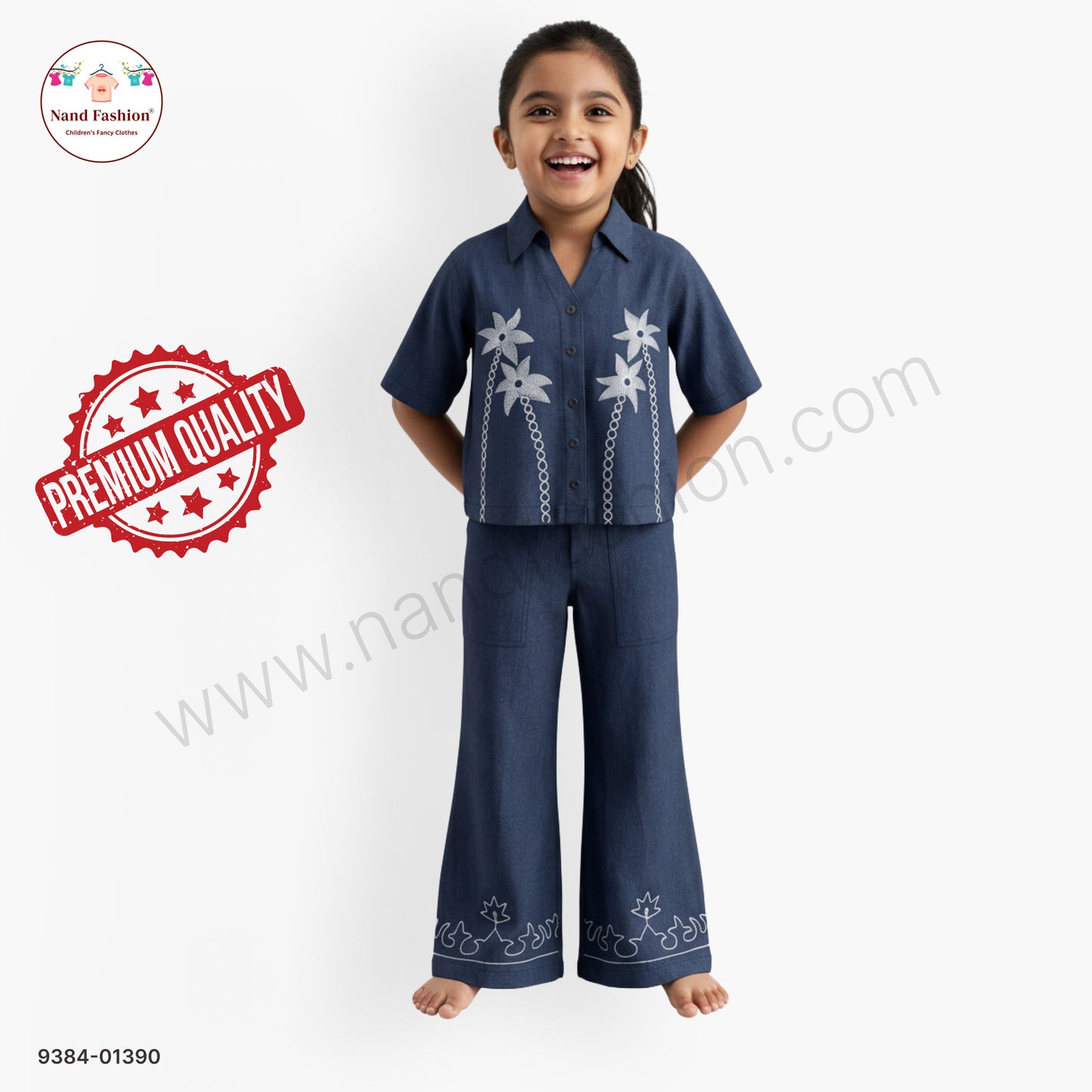 Girls Embroidered Denim Co-Ord Set – Stylish Shirt & Pants Outfit