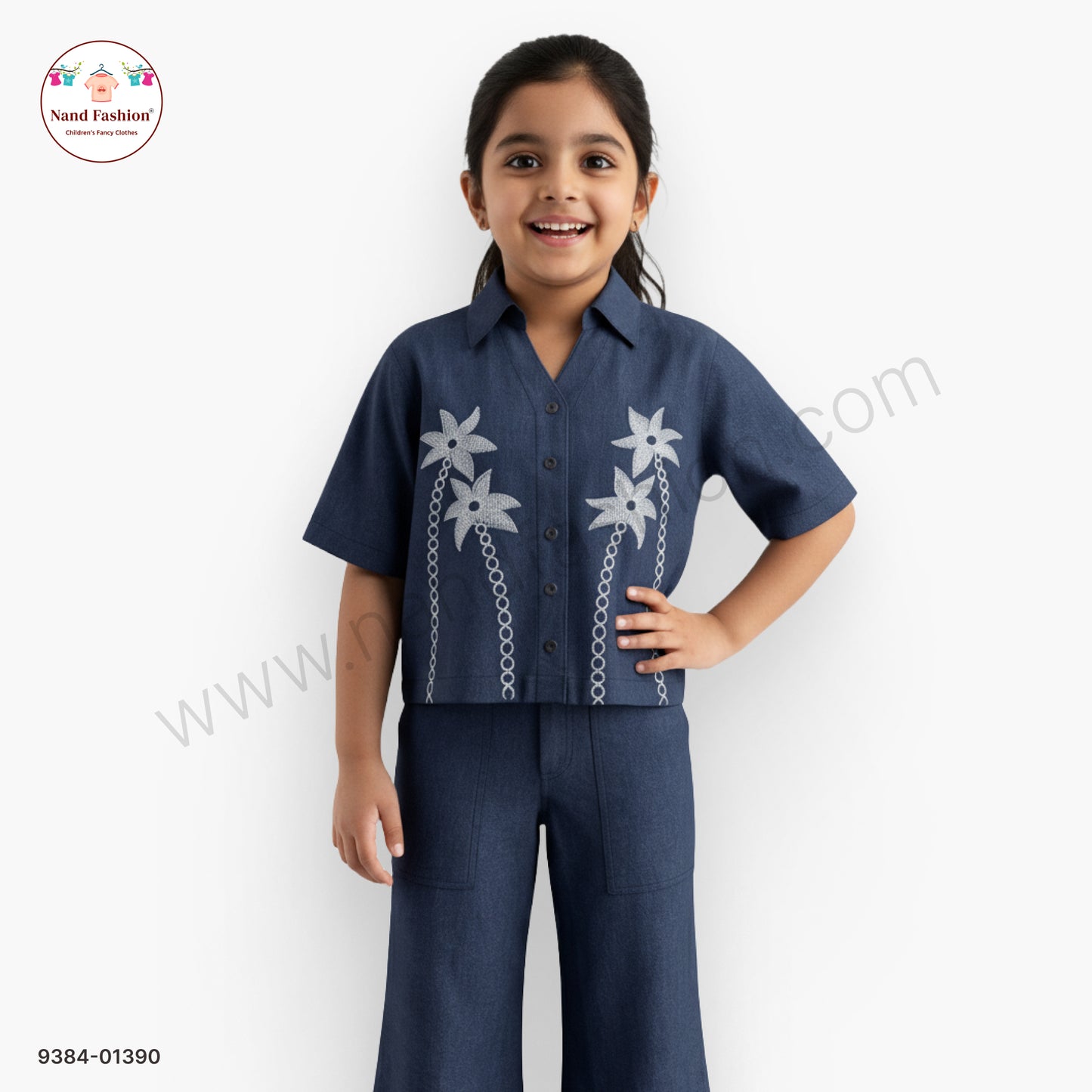 Girls Embroidered Denim Co-Ord Set – Stylish Shirt & Pants Outfit