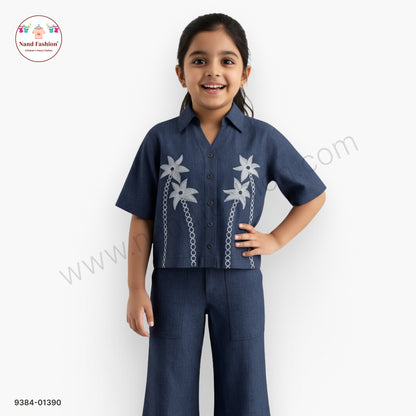 Girls Embroidered Denim Co-Ord Set – Stylish Shirt & Pants Outfit