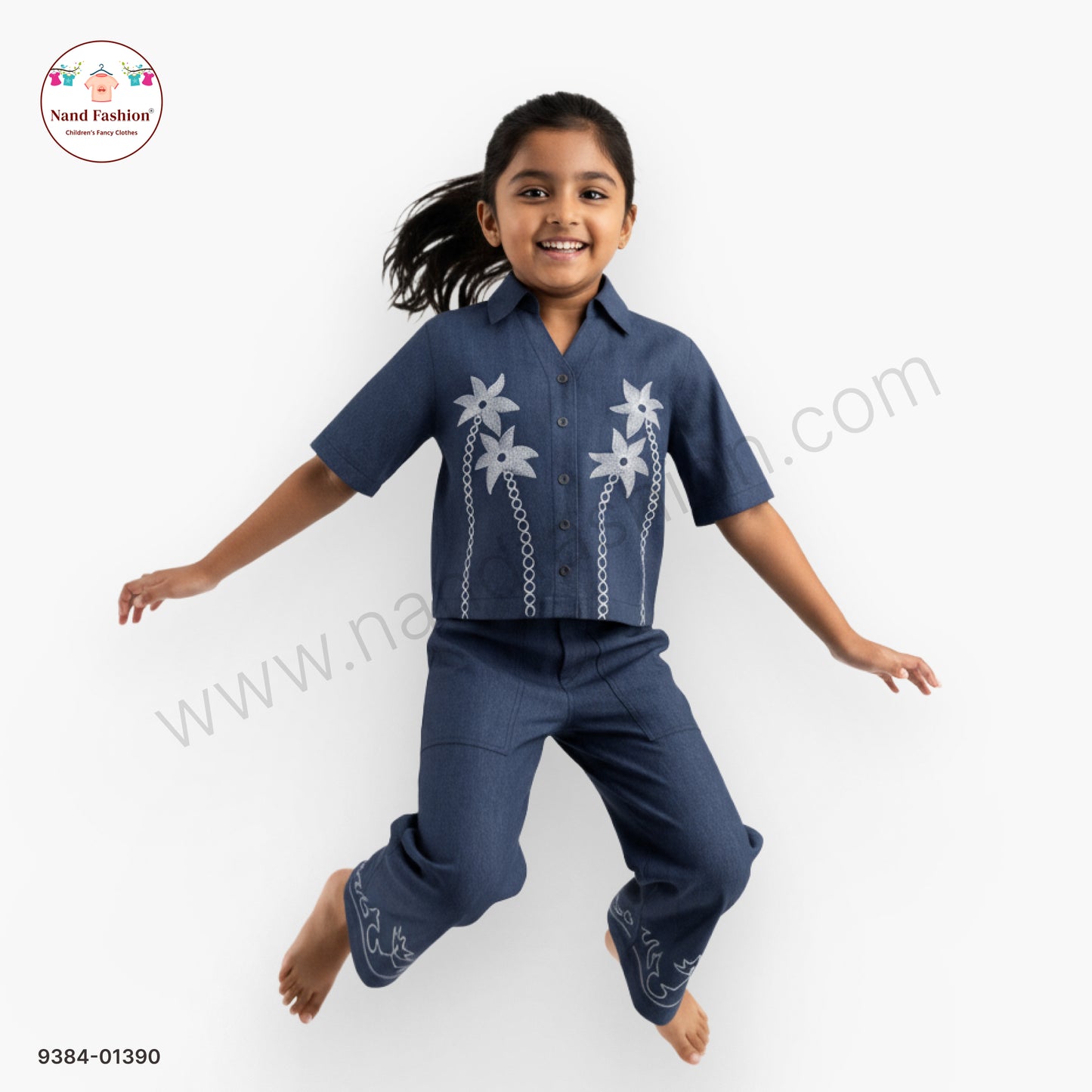 Girls Embroidered Denim Co-Ord Set – Stylish Shirt & Pants Outfit