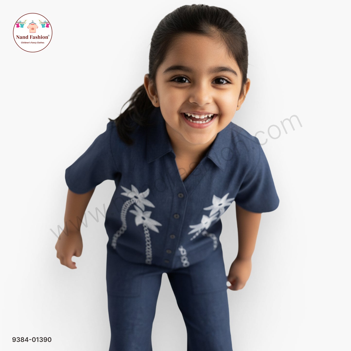 Girls Embroidered Denim Co-Ord Set – Stylish Shirt & Pants Outfit