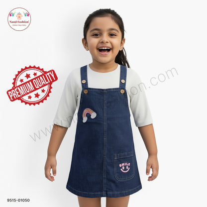 Girls Denim Dungaree Dress with Rainbow Patch & Inner Top