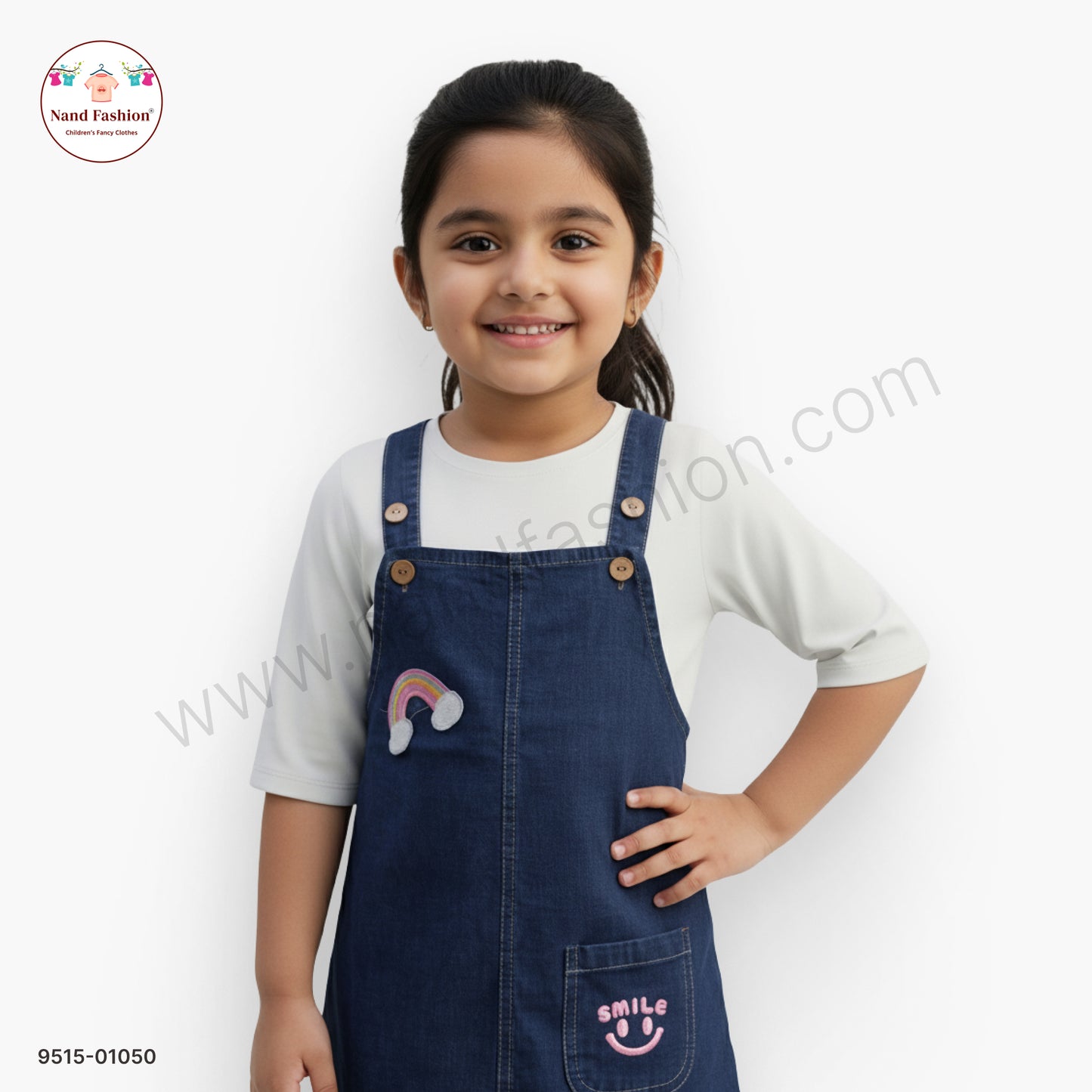 Girls Denim Dungaree Dress with Rainbow Patch & Inner Top