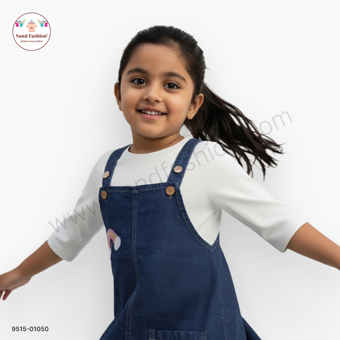 Girls Denim Dungaree Dress with Rainbow Patch & Inner Top