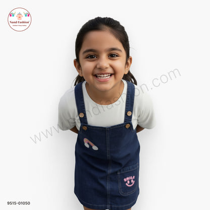 Girls Denim Dungaree Dress with Rainbow Patch & Inner Top