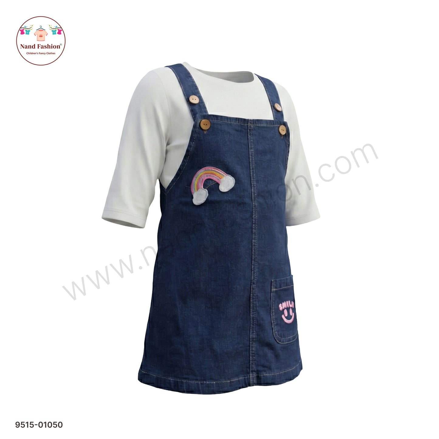 Girls Denim Dungaree Dress with Rainbow Patch & Inner Top