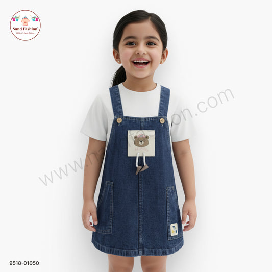 Girls Denim Dungaree Dress with Cute Bear Patch & Inner Top
