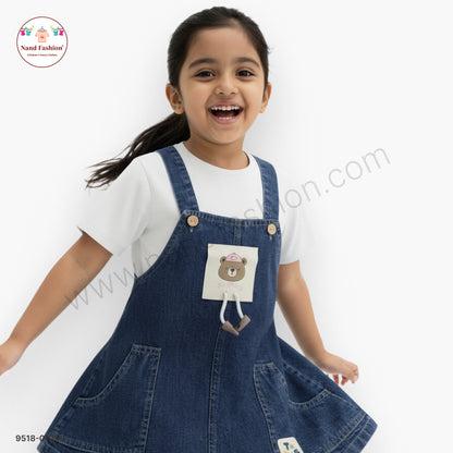 Girls Denim Dungaree Dress with Cute Bear Patch & Inner Top