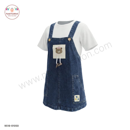 Girls Denim Dungaree Dress with Cute Bear Patch & Inner Top