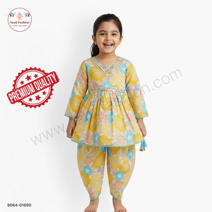 Yellow Floral Printed Girls Dhoti Kurta Set with V-Neck Kurti – Festive & Ethnic Wear