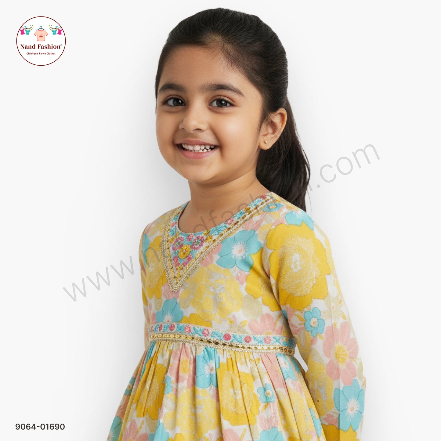Yellow Floral Printed Girls Dhoti Kurta Set with V-Neck Kurti – Festive & Ethnic Wear