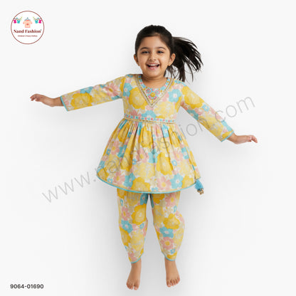 Yellow Floral Printed Girls Dhoti Kurta Set with V-Neck Kurti – Festive & Ethnic Wear