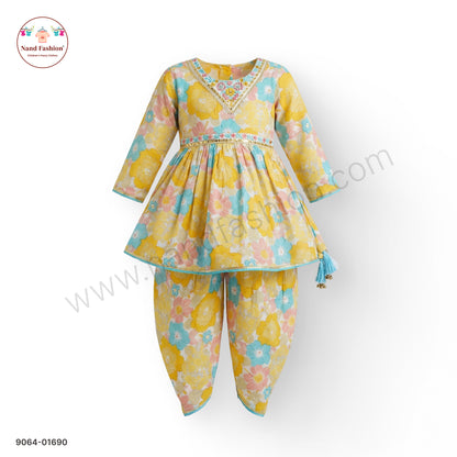Yellow Floral Printed Girls Dhoti Kurta Set with V-Neck Kurti – Festive & Ethnic Wear