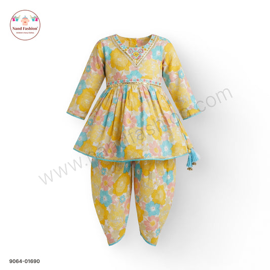 Yellow Floral Printed Girls Dhoti Kurta Set with V-Neck Kurti – Festive & Ethnic Wear