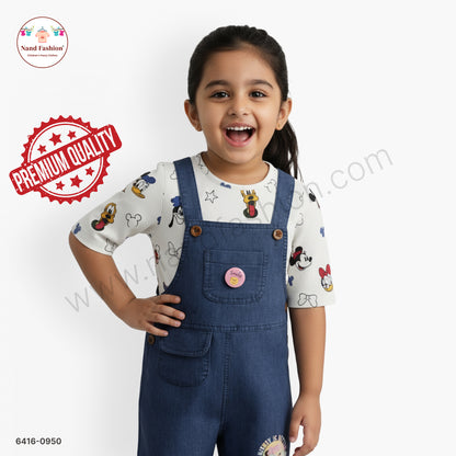 Kids Denim Dungaree Set with Cartoon Print White inner