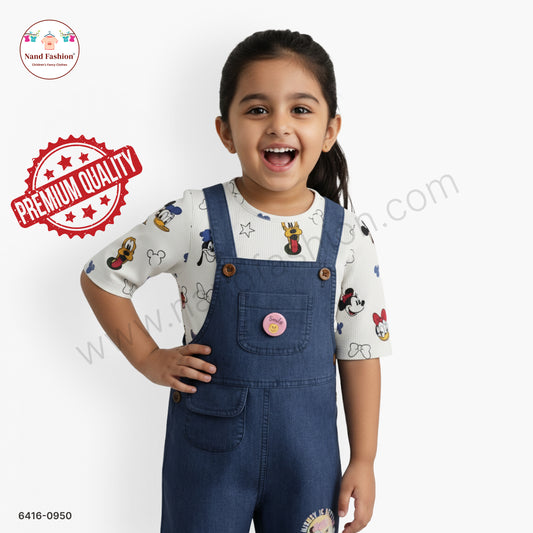 Kids Denim Dungaree Set with Cartoon Print White inner
