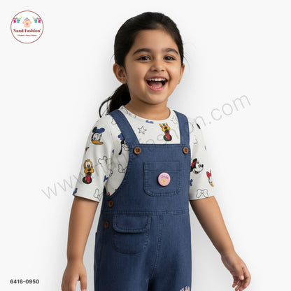 Kids Denim Dungaree Set with Cartoon Print White inner