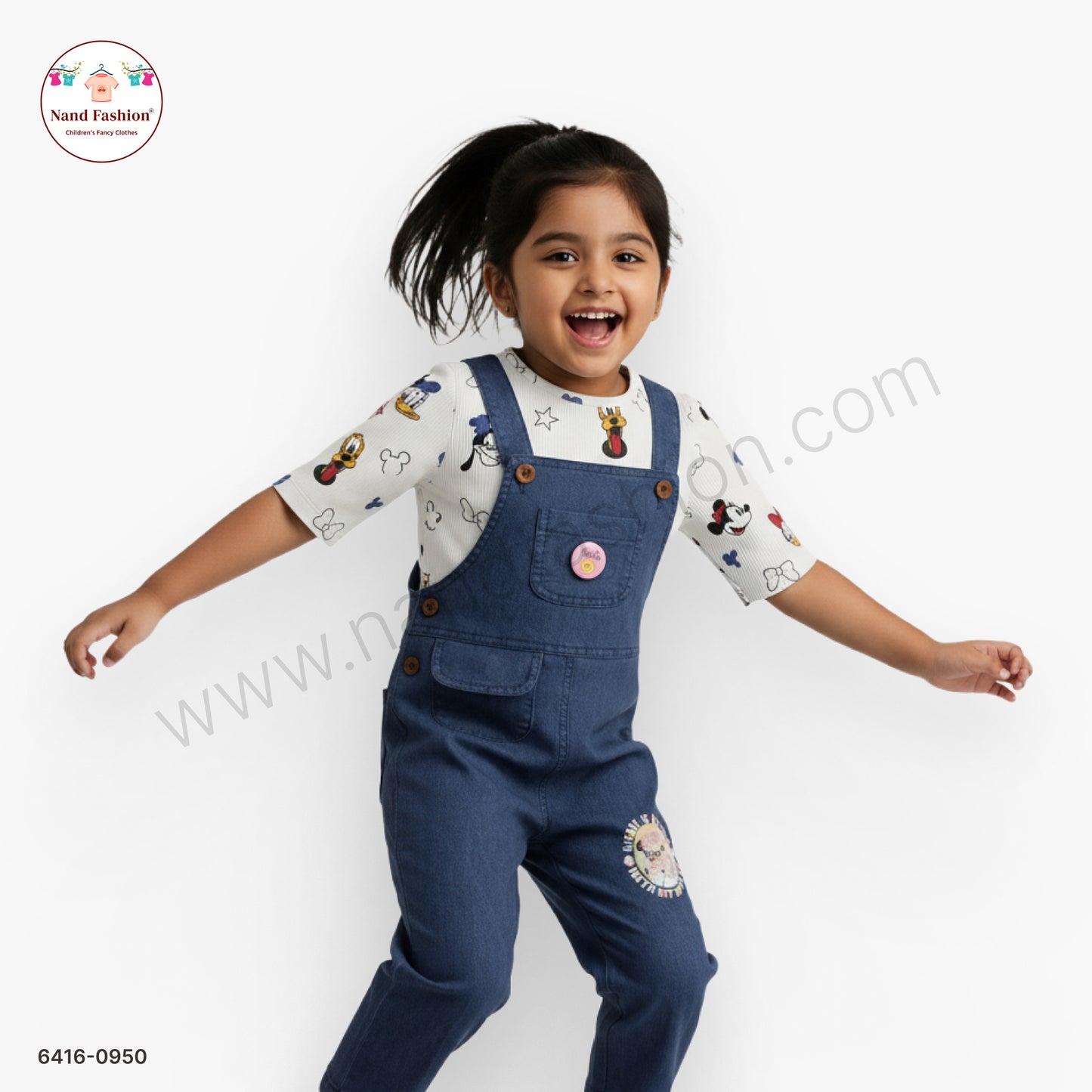 Kids Denim Dungaree Set with Cartoon Print White inner