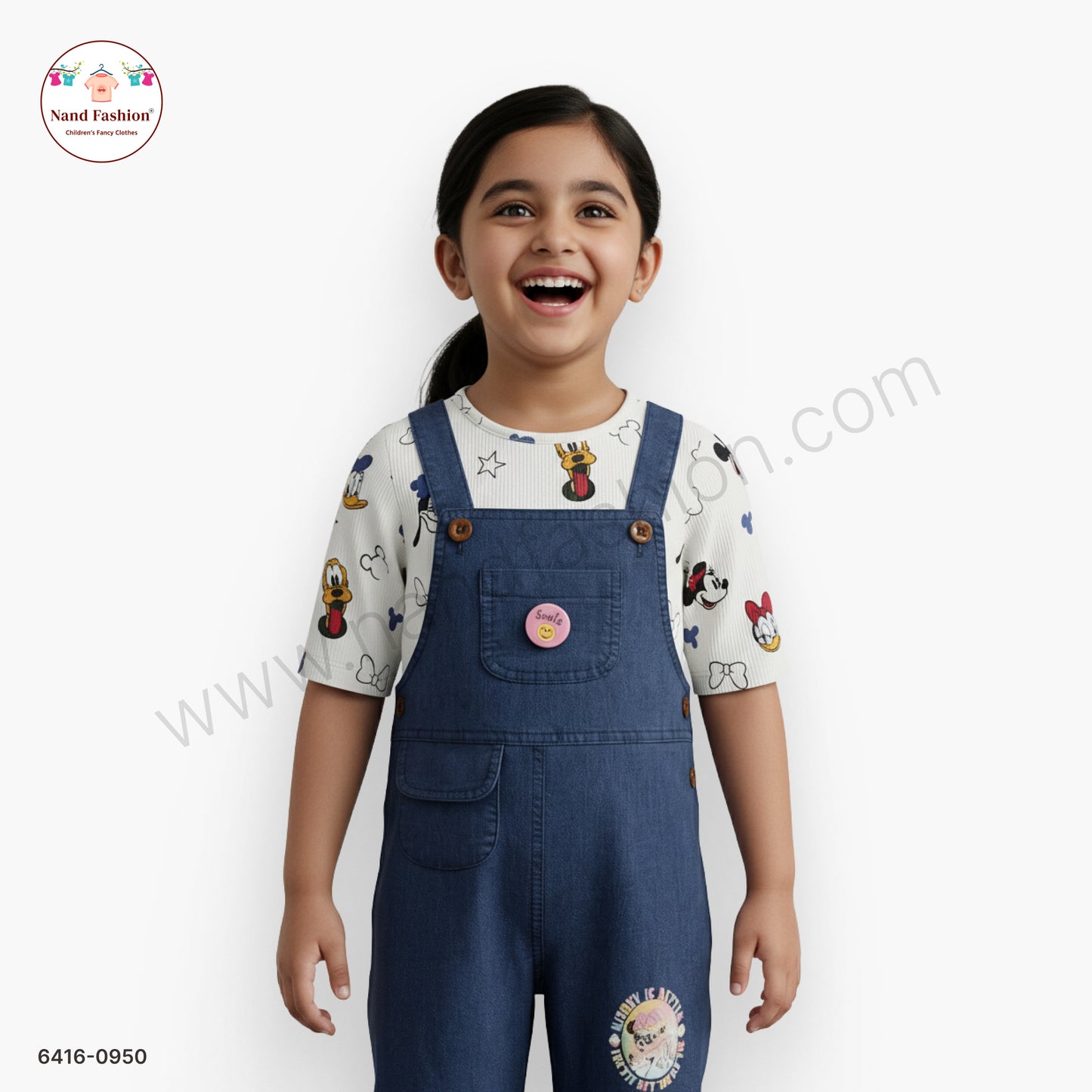 Kids Denim Dungaree Set with Cartoon Print White inner