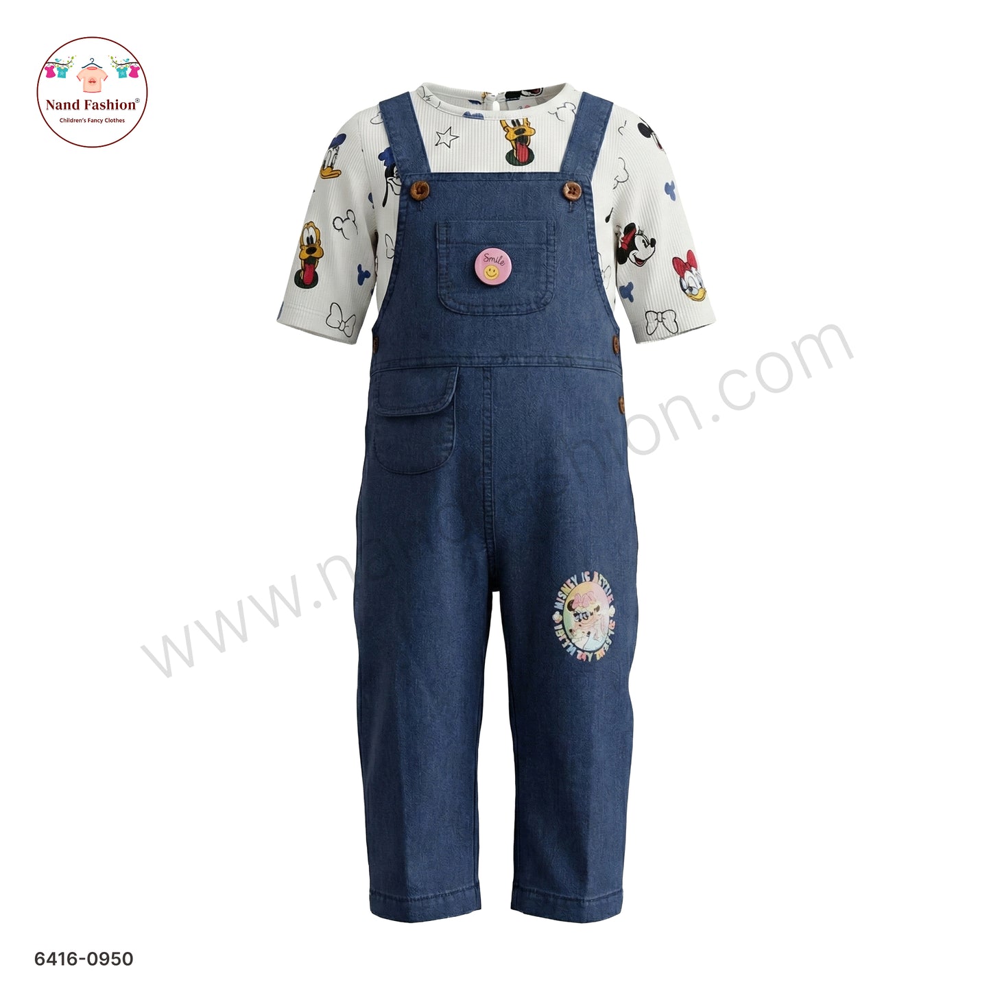 Kids Denim Dungaree Set with Cartoon Print White inner