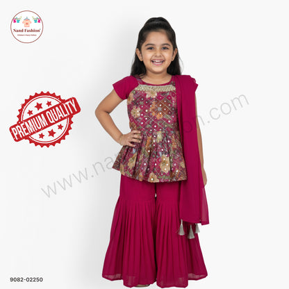 Wine Pink Embellished Girls Garara Pair with Dupatta – Festive & Wedding Wear