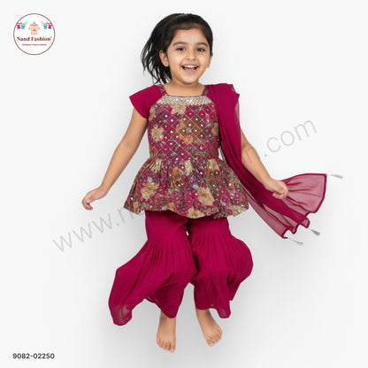 Wine Pink Embellished Girls Garara Pair with Dupatta – Festive & Wedding Wear