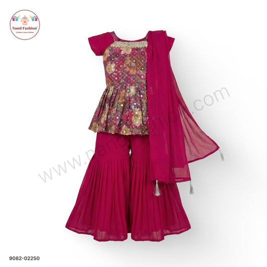 Wine Pink Embellished Girls Garara Pair with Dupatta – Festive & Wedding Wear